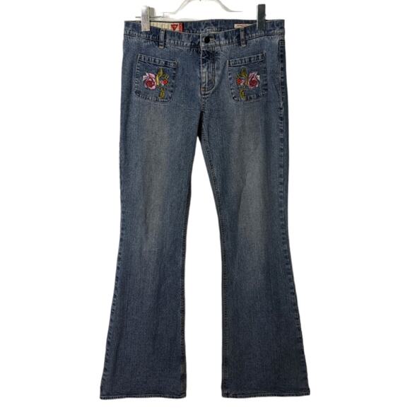 Vintage Y2K Guess jeans Low Rise Flares Embroidered Front Pockets Size 31 Womens - Picture 2 of 10